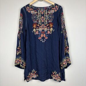 Johnny Was Floral Embroidered Bell Sleeve Tunic Top Bohemian Blue Sz S